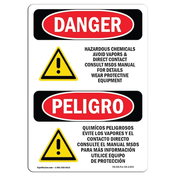 Safety Sign, OSHA, 5" Height, Hazardous Chemicals Avoid Vapors Spanish, 10PK